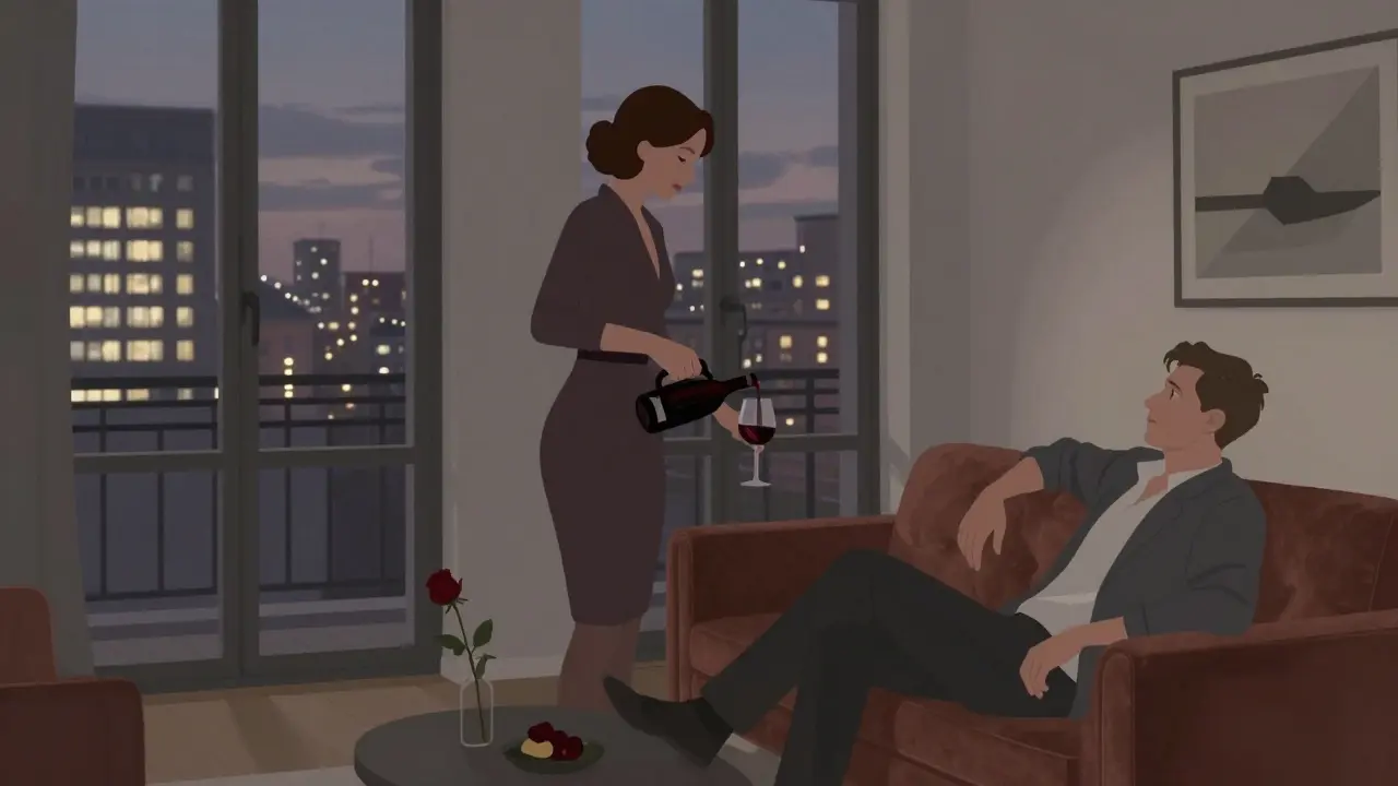 Two people in a modern Berlin apartment sharing wine at dusk, city lights glowing through the window.