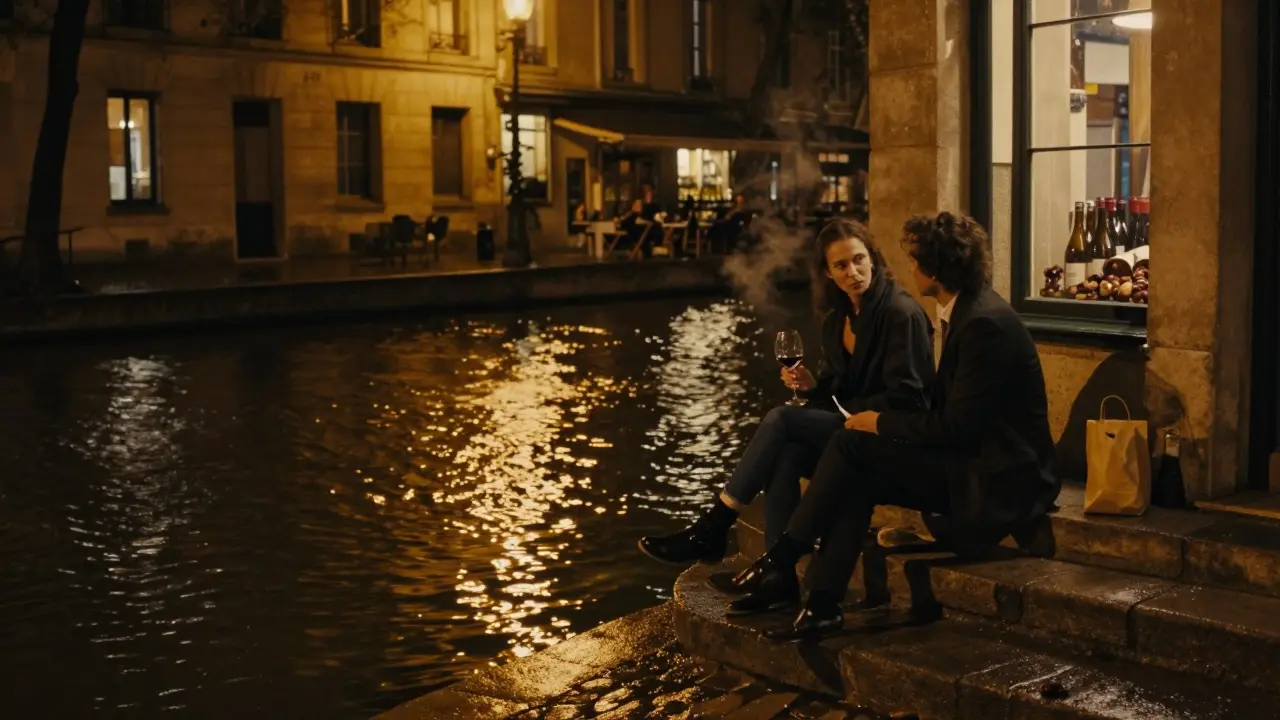 Two people on stone steps by Canal Saint-Martin at night, warm lights reflecting on water with a hidden wine shop nearby.