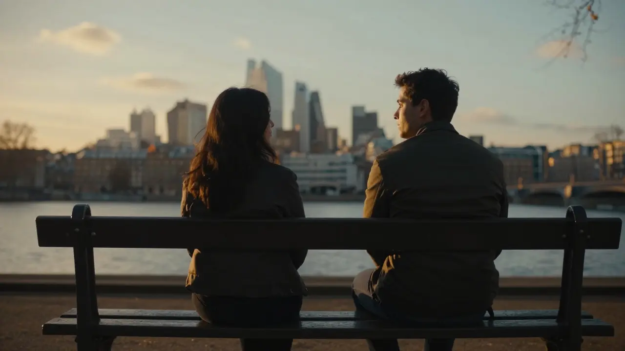 Two people sitting peacefully on a London park bench at sunset, sharing quiet, respectful companionship.