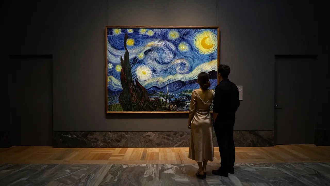 Two people stand alone before a Van Gogh painting in the empty Musée d’Orsay, bathed in soft gallery light.