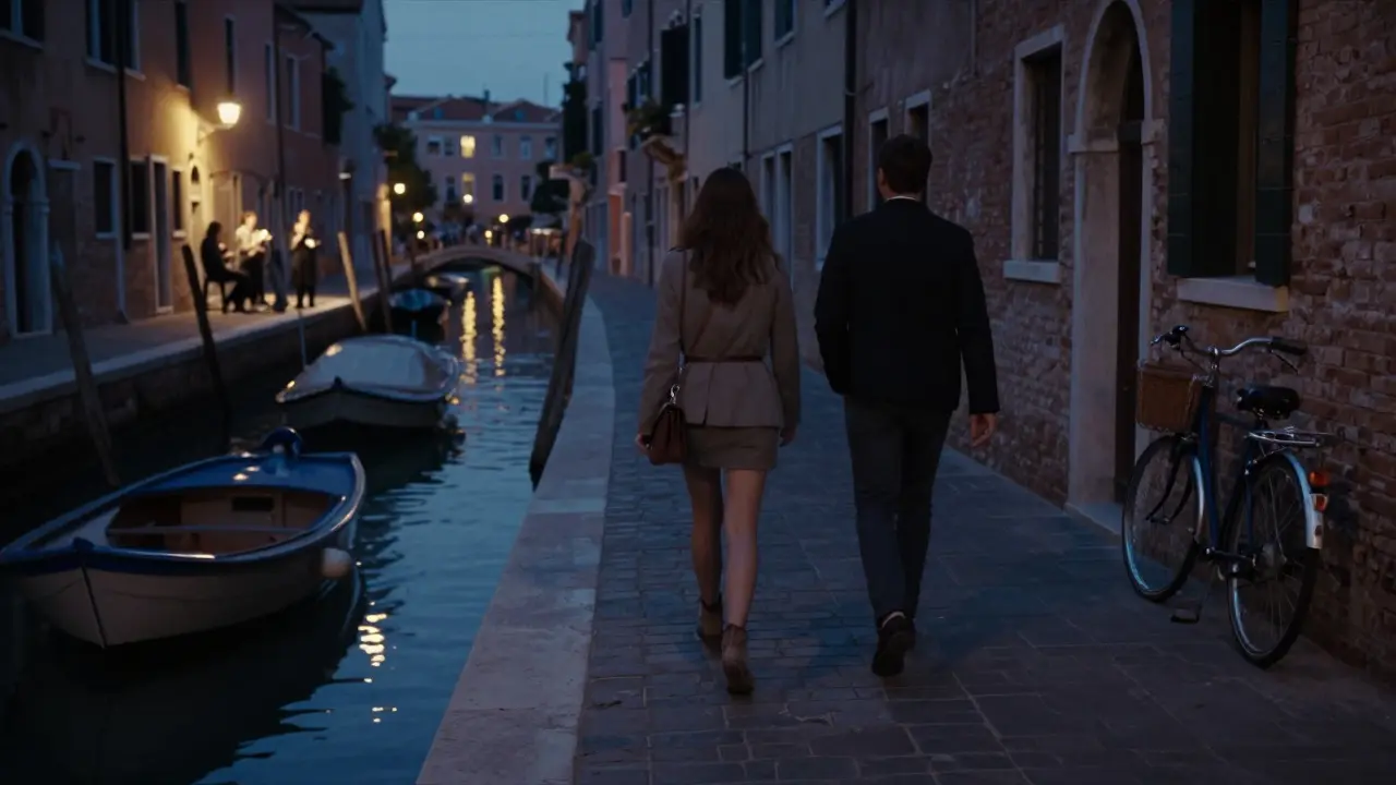 Two people walking along the Navigli canals at night, lantern reflections shimmering on the water.