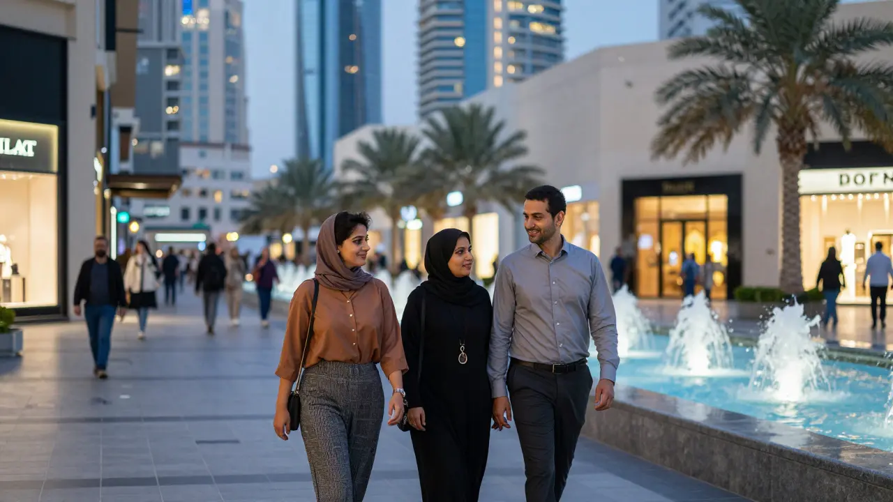 Two people walking together in a well-lit public area of Al Maryah Island, dressed modestly amid luxury surroundings.