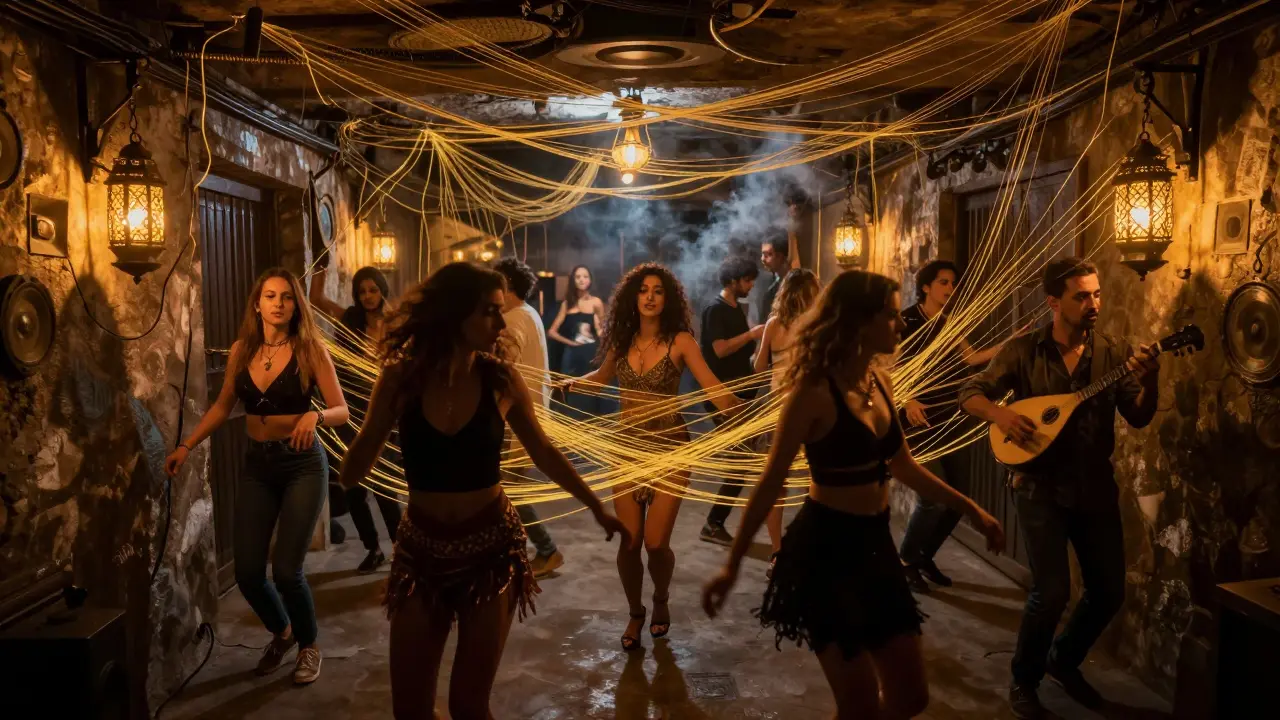 Underground club interior with glowing sound waves connecting dancers of all backgrounds in a vibrant, intimate space.