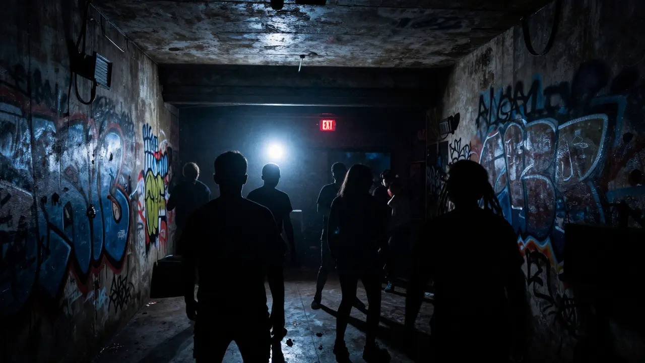 Underground club with graffiti-covered walls and silhouettes of dancers under a single beam of light.