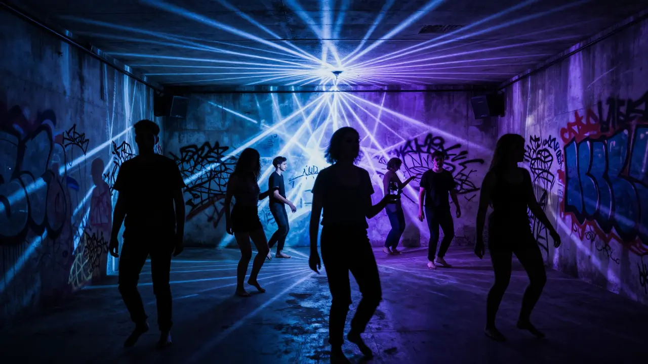 Underground warehouse party with light projections and silhouettes dancing in a raw, gritty space.