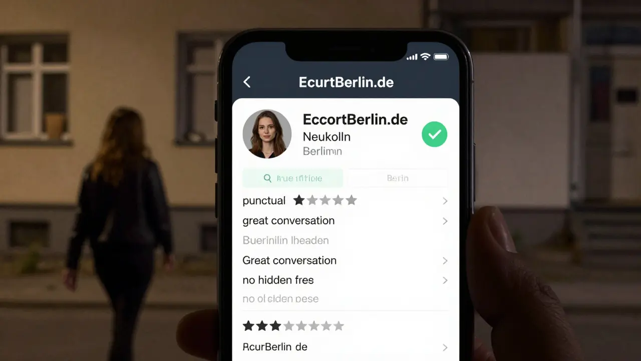 Verified escort profile on a trusted Berlin platform with real reviews, contrasted with a risky unmarked apartment.