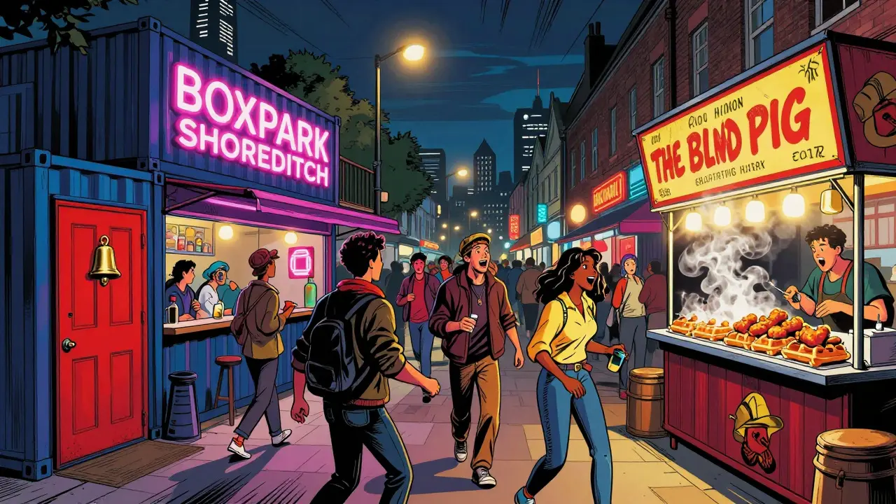 Vibrant night scene showing a pop-up bar, hidden speakeasy, and late-night food stall in London.