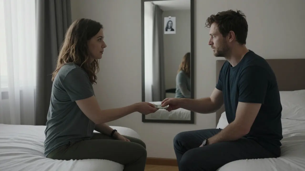 Woman handing cash to a man in a Berlin hotel room, calm and clinical atmosphere.