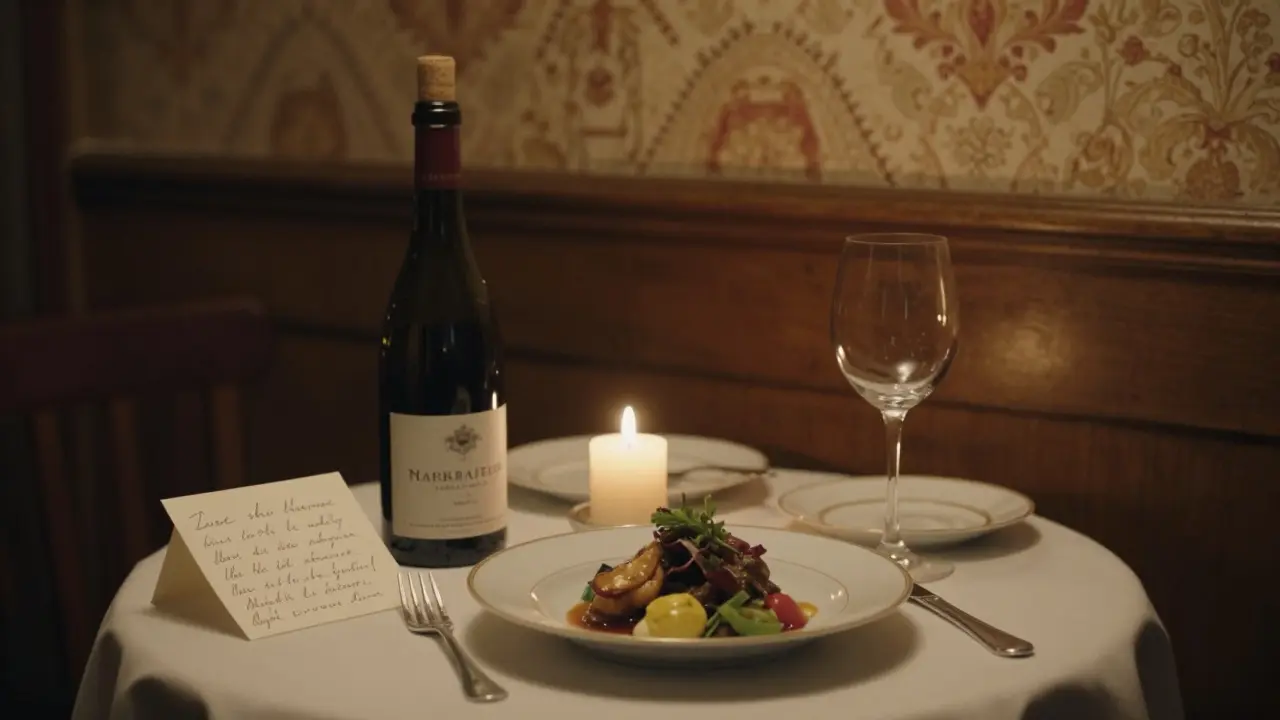 A candlelit table in Montmartre with wine and food, softly blurred by warm ambient light.