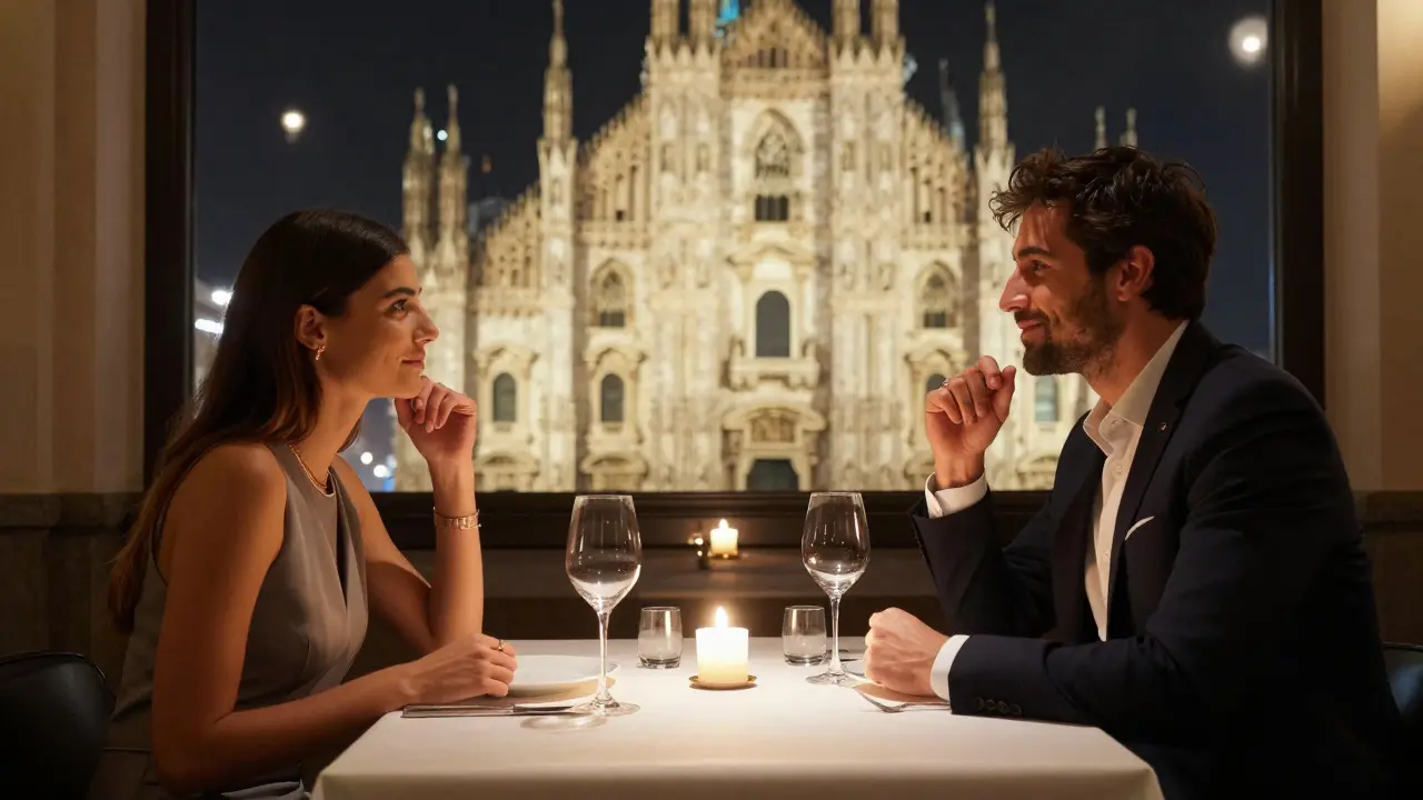 A client and escort having a quiet dinner in a Milan restaurant, illuminated by candlelight with the Duomo in the background.