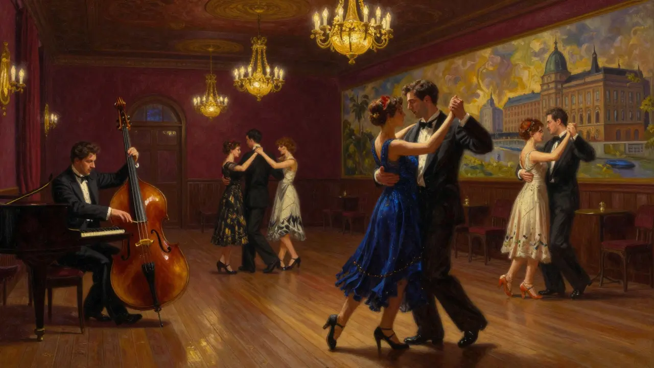 A couple dances in a historic Berlin ballroom, surrounded by vintage decor and soft jazz lighting.