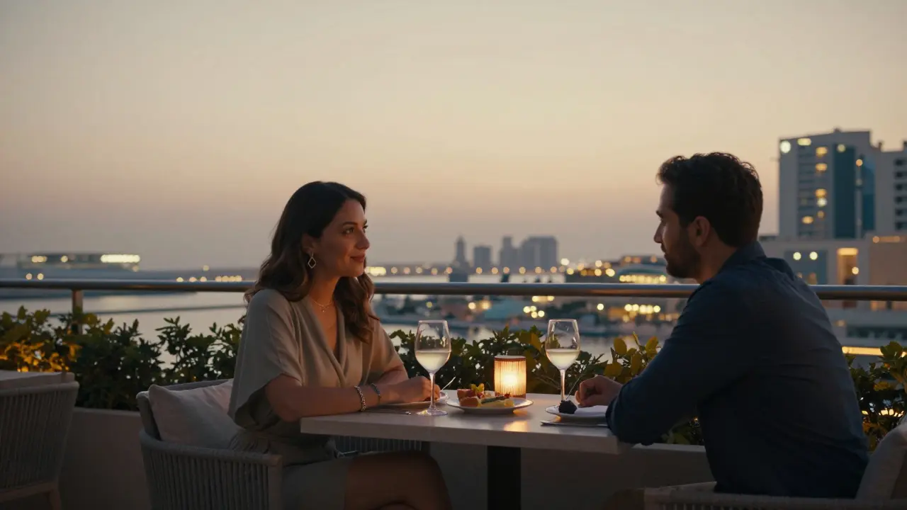 A couple enjoying a quiet dinner at a Dubai rooftop lounge at sunset, dressed smartly, city lights twinkling behind them.