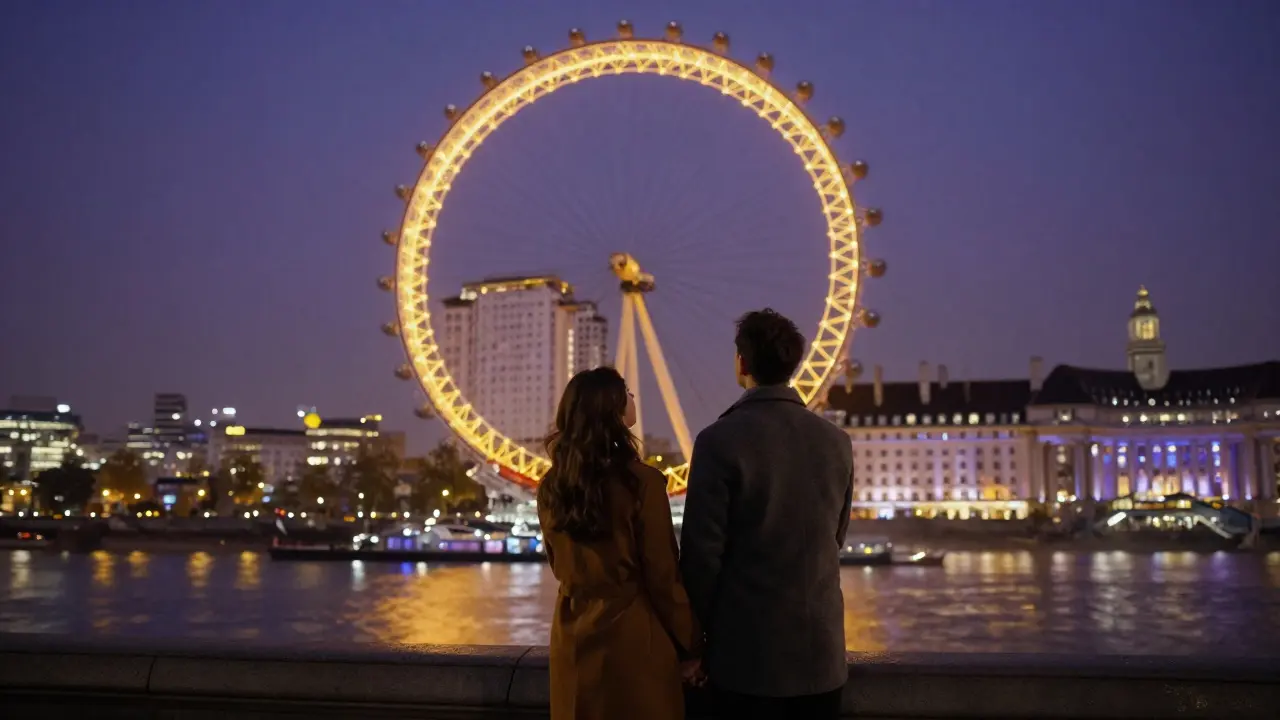 A couple gazing up at the glowing London Eye reflected on the Thames at midnight.