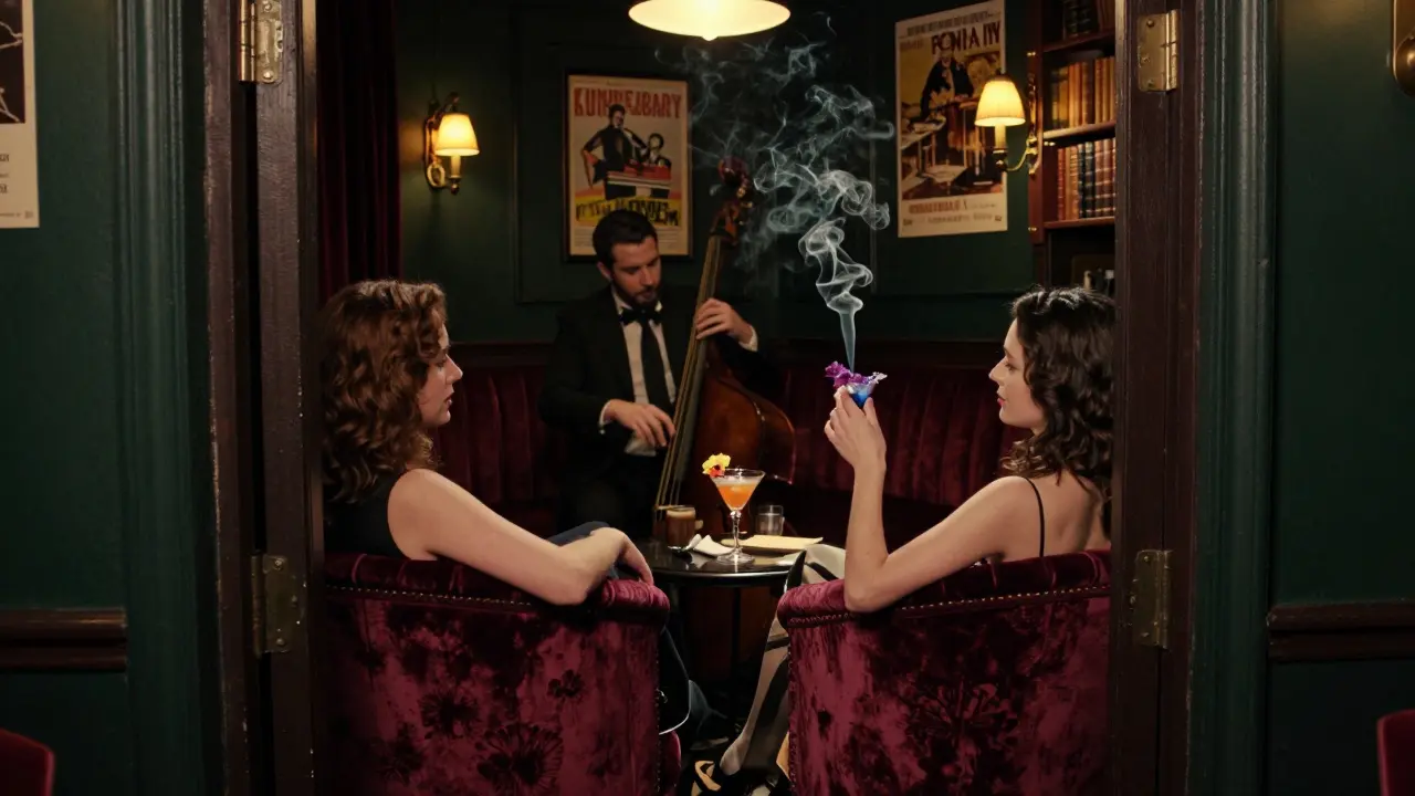 A couple in a hidden jazz speakeasy, sipping cocktails under soft brass lamps.