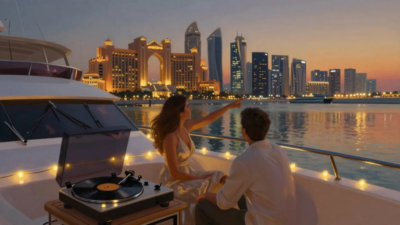A couple on a private yacht at dusk, enjoying music and the skyline of Abu Dhabi with calm companionship.