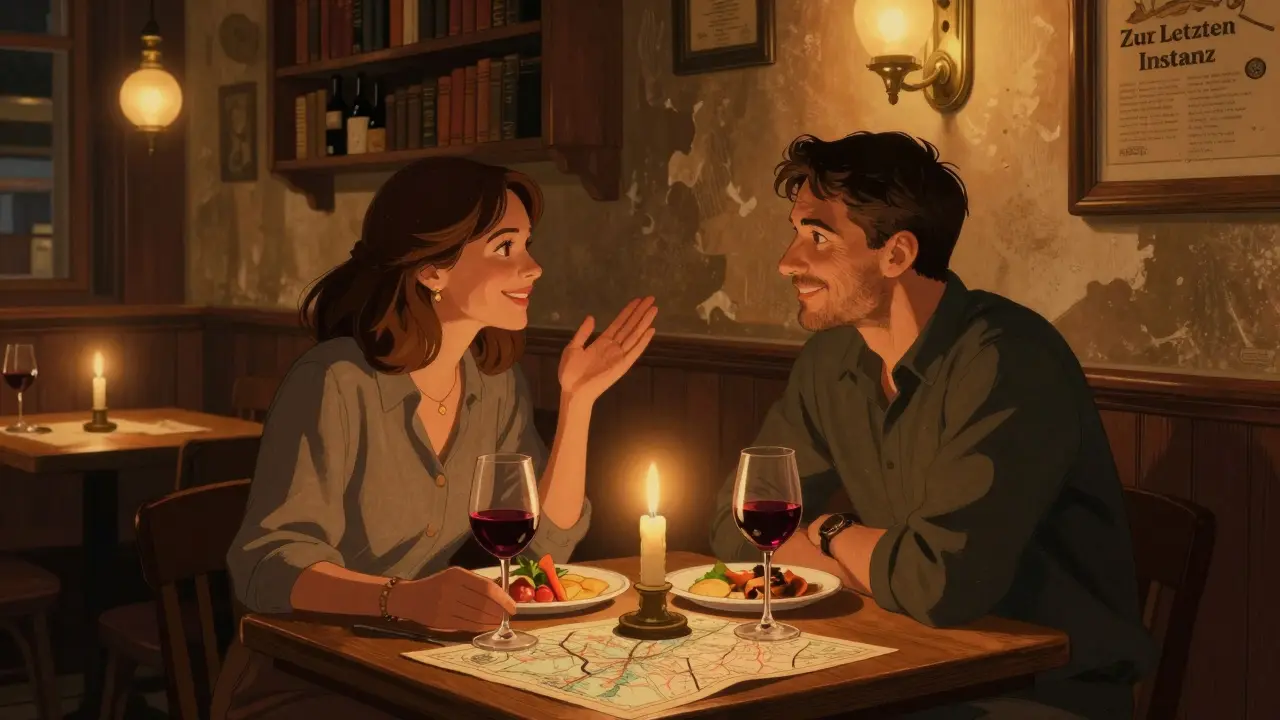 A couple shares a quiet dinner at a historic Berlin tavern, candlelight glowing on their table.