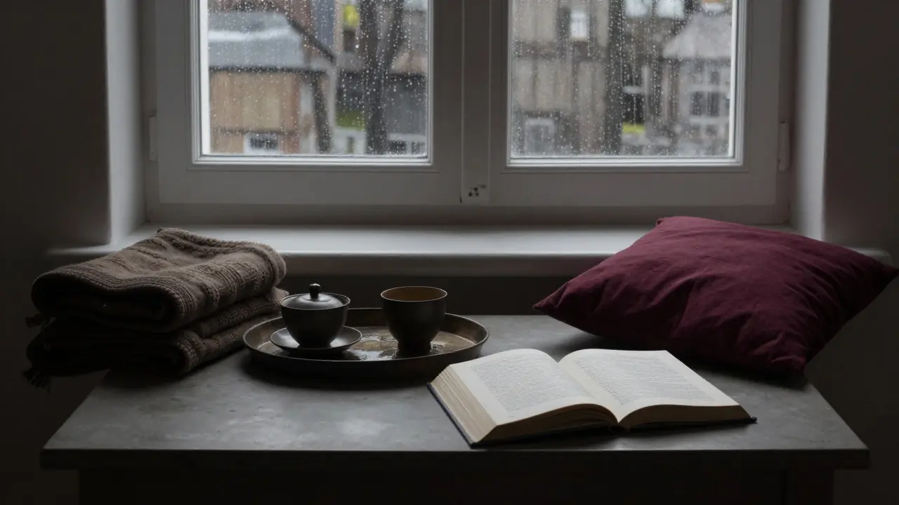 A cozy apartment interior with tea, a blanket, and rain on the window, conveying quiet companionship.