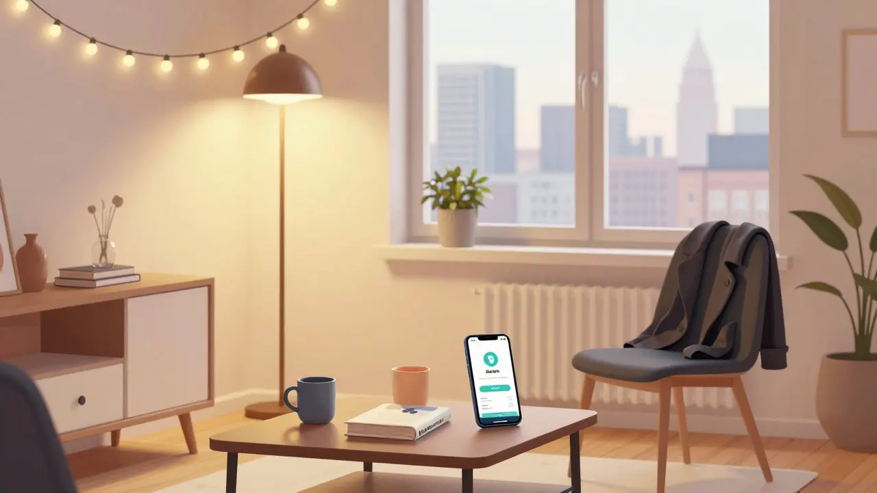 A cozy Berlin apartment interior with coffee, books, and a verified companion platform on a phone, softly lit.