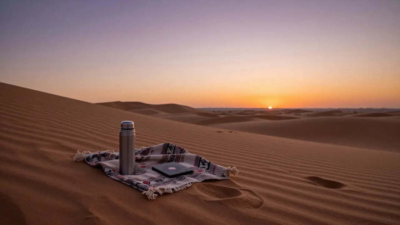 A desert sunset with a thermos and blanket on a dune, suggesting a peaceful moment of companionship.