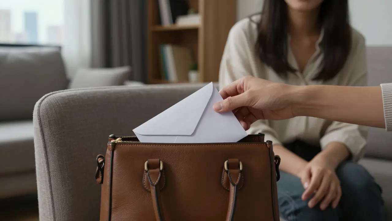 A hand placing an envelope into a handbag, symbolizing discreet appreciation and dignity.