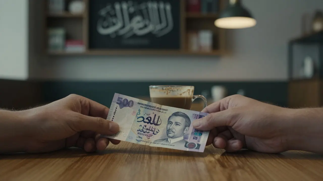A hand placing cash on a café table beside a coffee cup, no faces shown, ambient lighting.