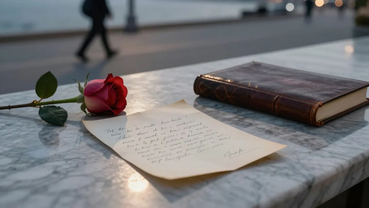 A handwritten note and rose on marble beside an open journal, reflecting a moment of quiet connection in the city.