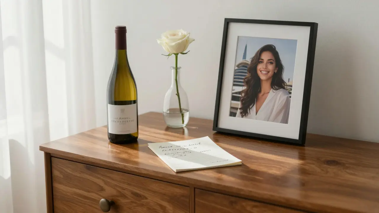 A handwritten thank-you note and a bottle of wine on a dresser, with a photo of a woman at the Dubai Opera.