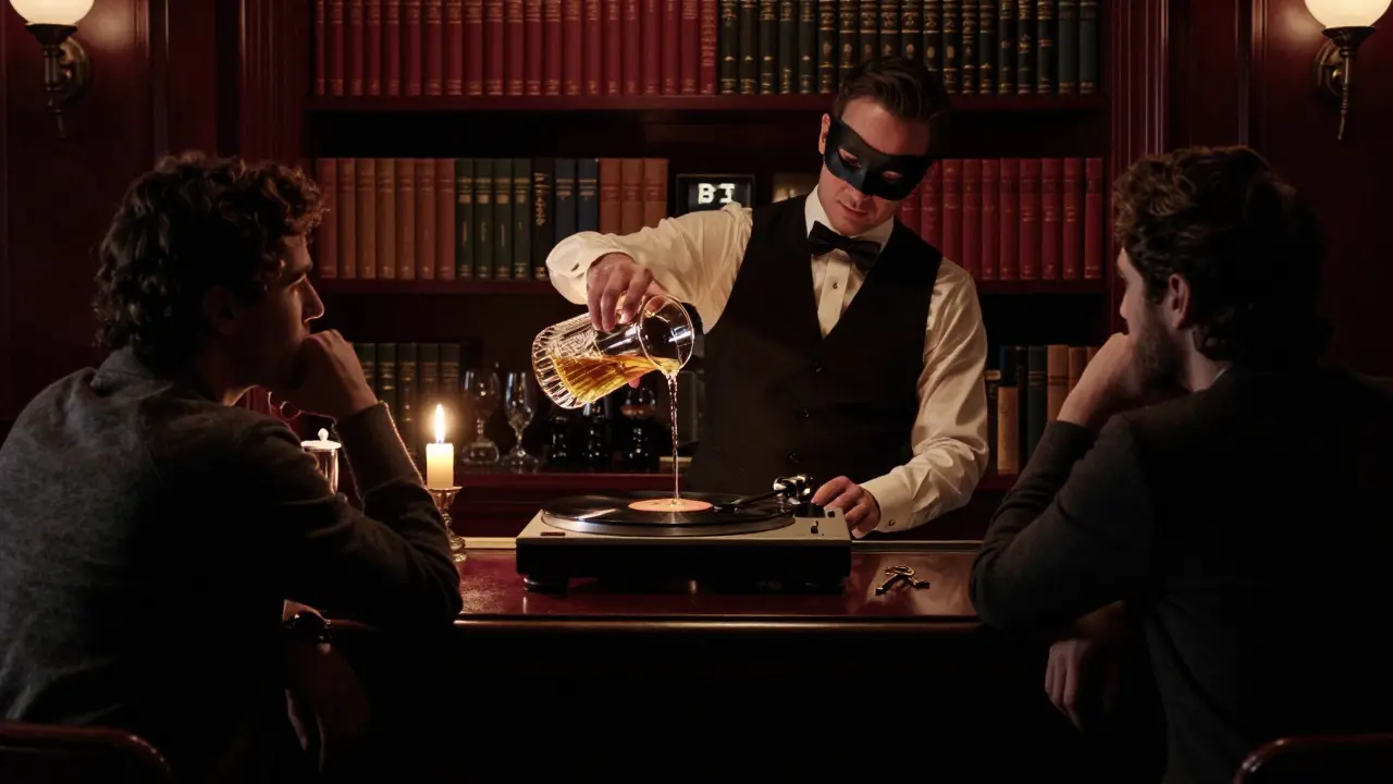 A hidden speakeasy bar behind a bookshelf, candlelit, with a bartender pouring rare wine and a solitary guest in shadow.