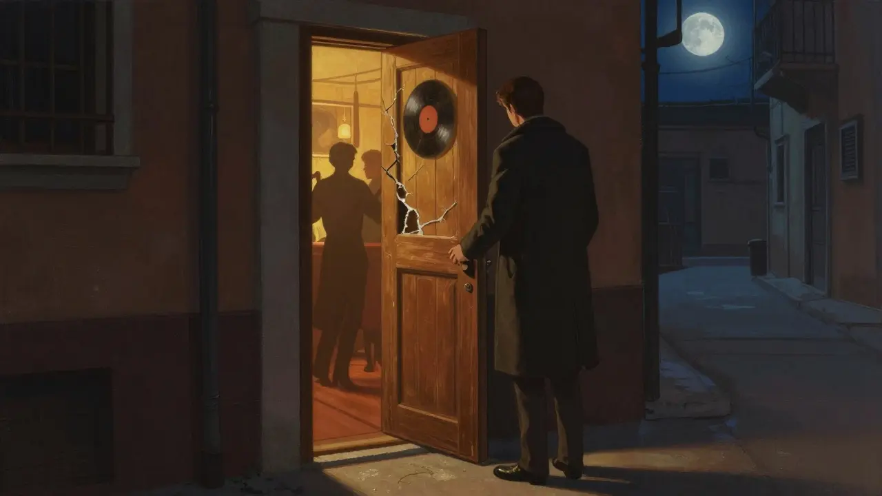 A hidden speakeasy behind a fridge door in a quiet Milan alley, warm light spilling from a crack in the door.