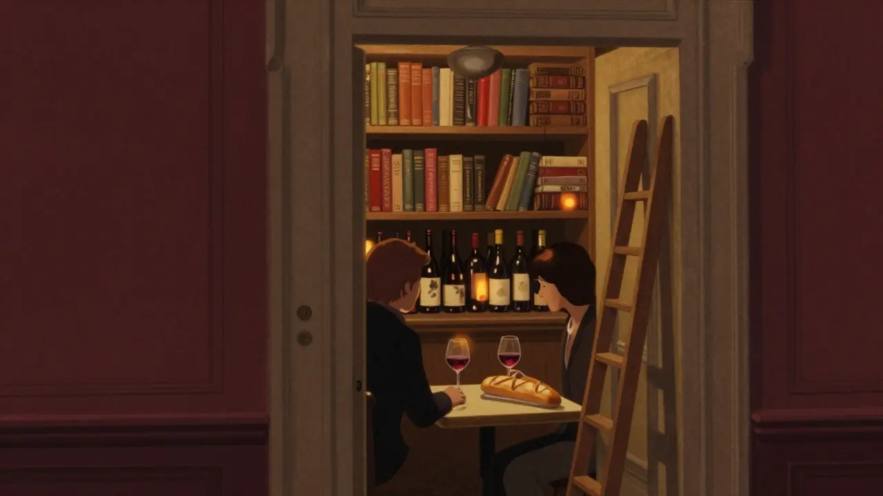 A hidden wine bar behind a bookshelf in Paris, lit by warm candlelight.