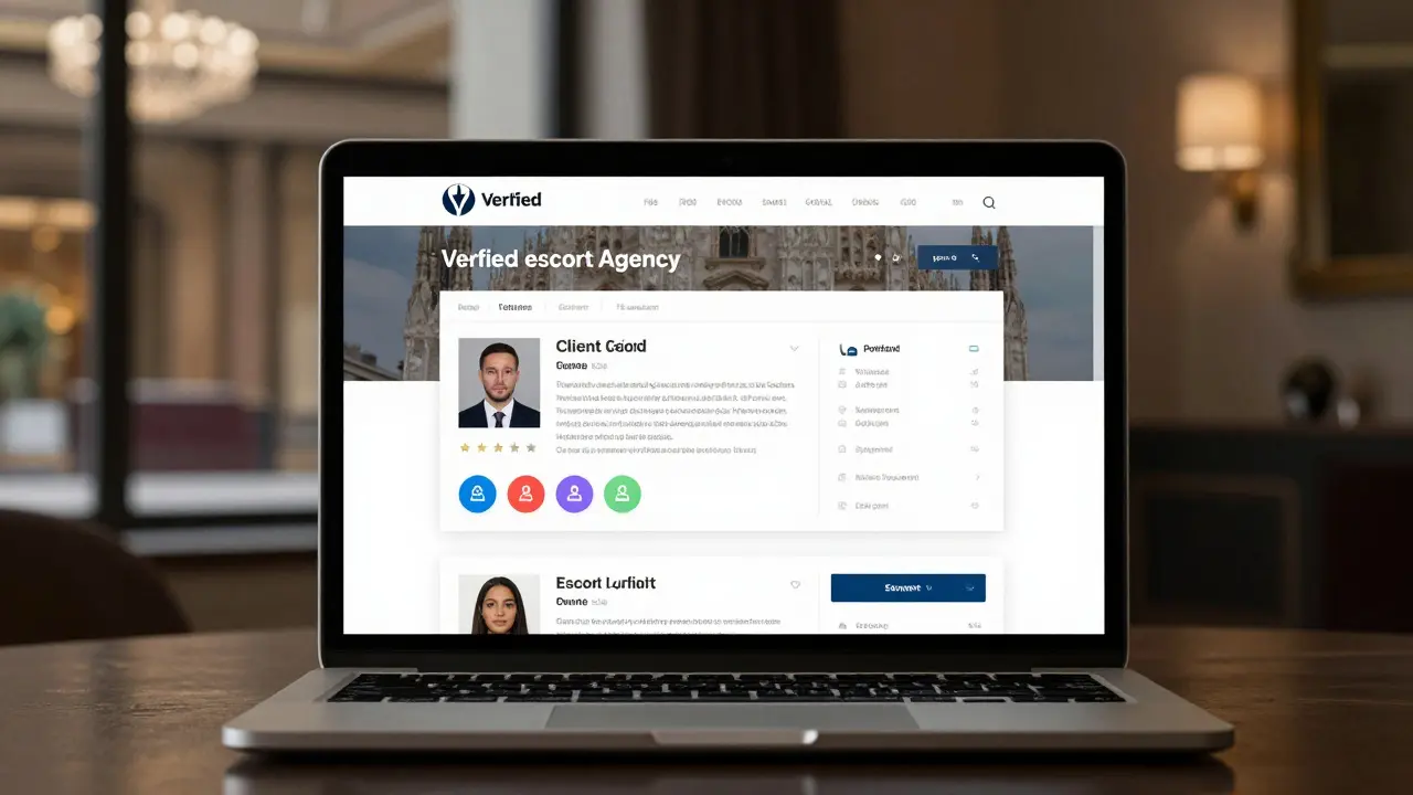 A laptop screen displaying a secure escort agency website with verification badges and payment options.