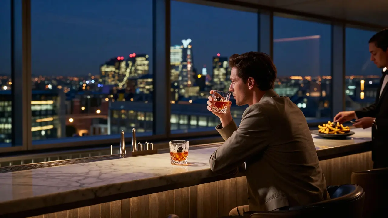 A lone person enjoying a cocktail at a 40th-floor rooftop lounge with a glowing London skyline.