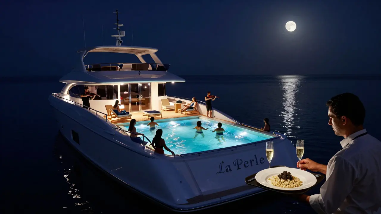 A luxury yacht at sea at dawn, guests swim in a glowing pool while a violinist plays nearby under starry skies.