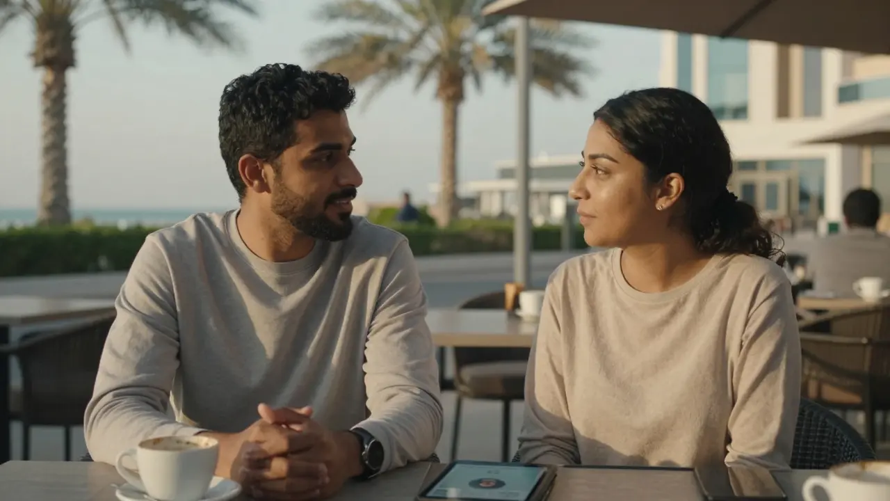 A man and woman sit calmly at a modest café in Jumeirah, dressed appropriately and conversing respectfully.