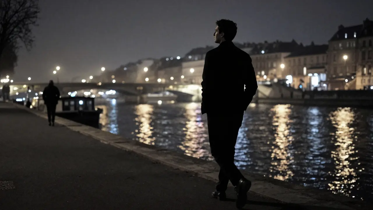 A man walking alone along the Seine at night, symbolizing a dignified departure after a respectful meeting.