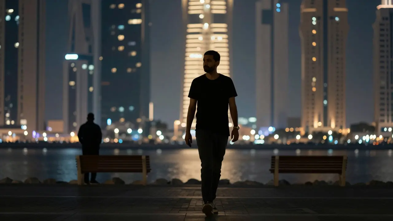 A man walking alone at night along Abu Dhabi’s waterfront, radiating quiet introspection and dignity.