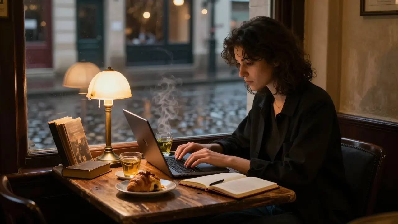 A poet typing at a café table at 3 a.m., absinthe and croissant beside a laptop.