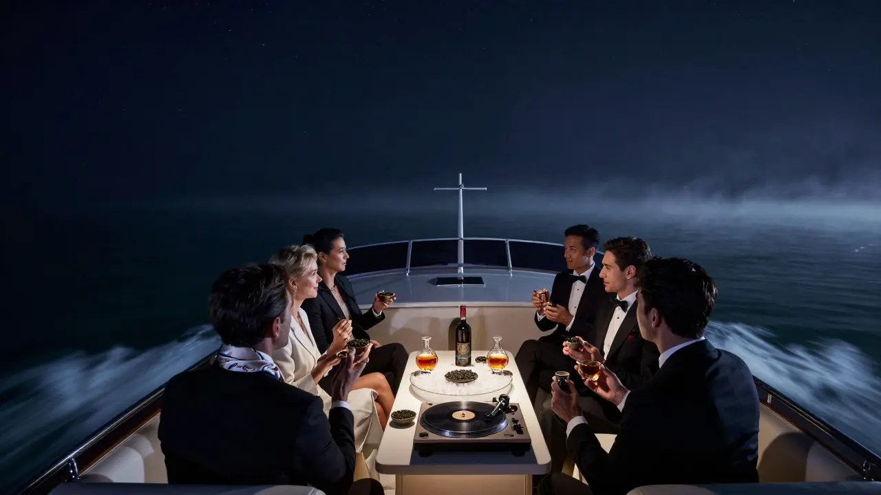 A private night boat on the Arabian Gulf with guests enjoying whiskey and caviar, no lights, only stars and water.