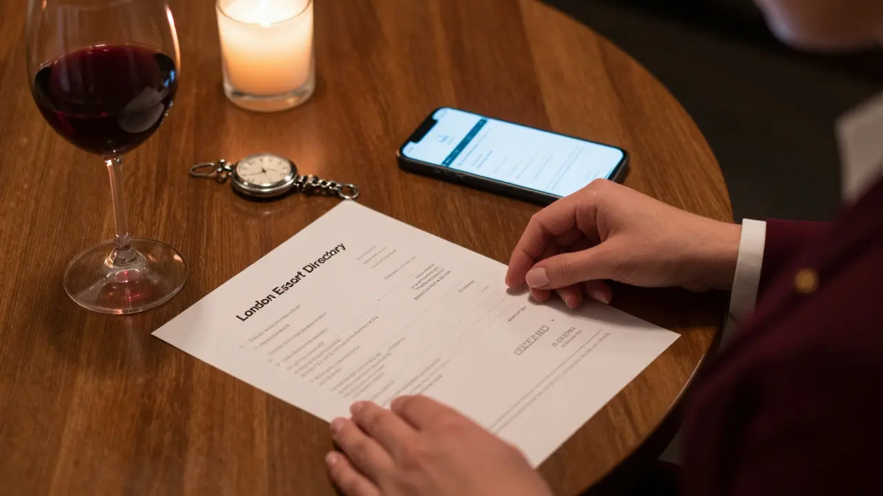 A professional escort's hands placing an invoice beside wine and a booking confirmation on a wooden table.