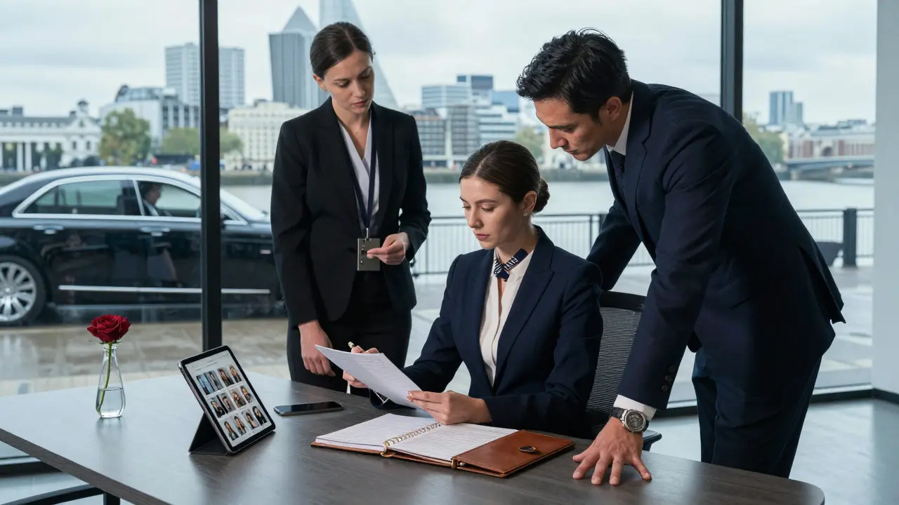 A professional escort and agency coordinator reviewing schedules in a modern London office with city views.