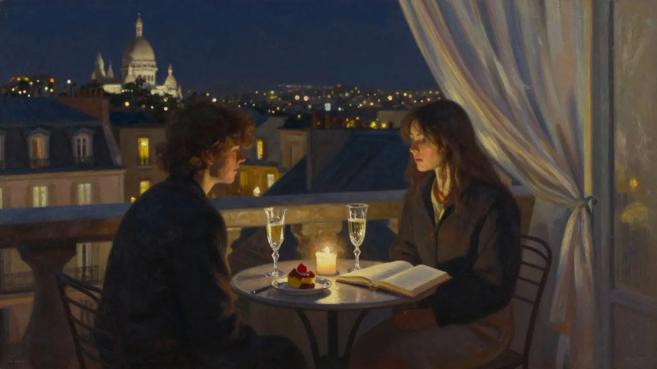 A romantic rooftop dinner in Montmartre with champagne and candlelight, Paris glowing behind.