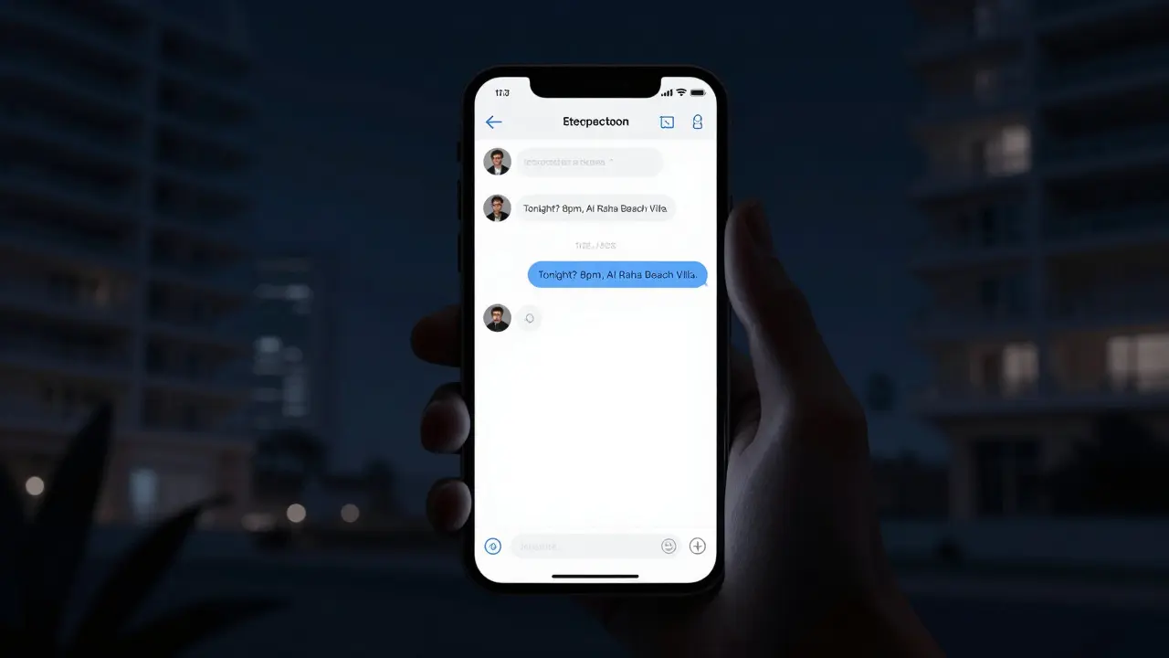 A smartphone displaying encrypted messages in a dark room, symbolizing discreet online arrangements.