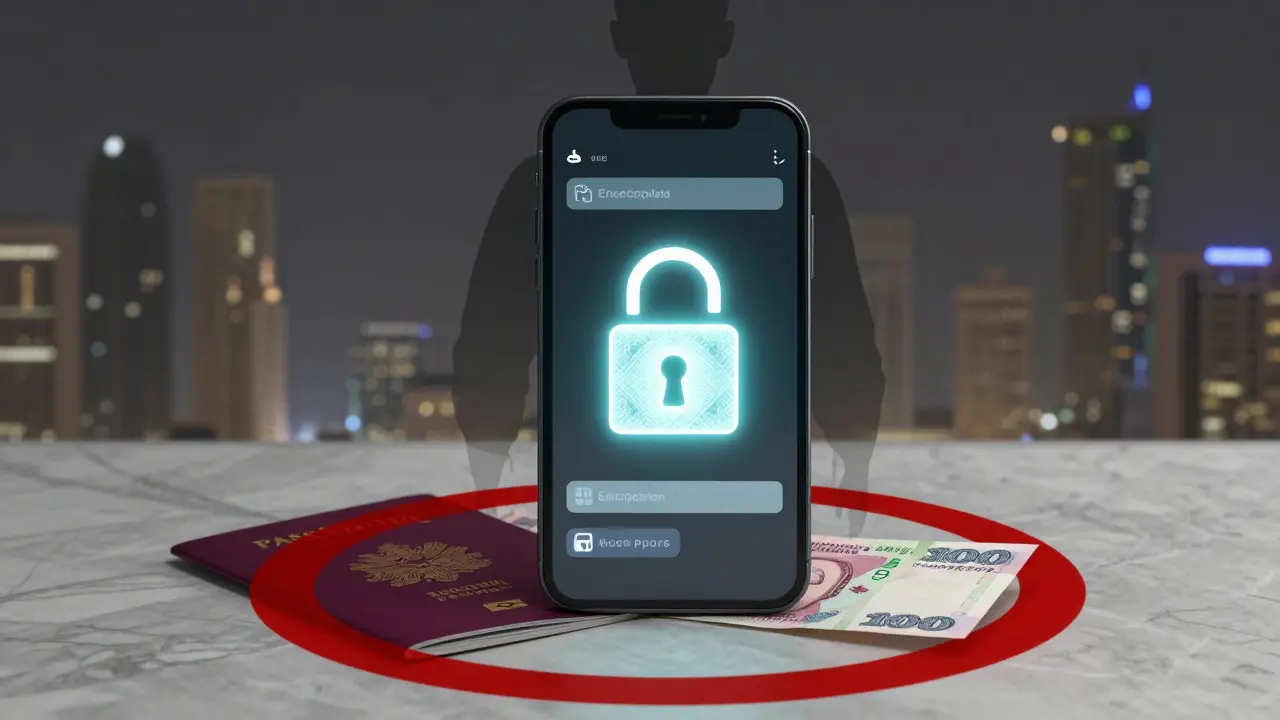A smartphone with encrypted messages is covered by a red prohibition symbol, next to a passport and cash on marble.