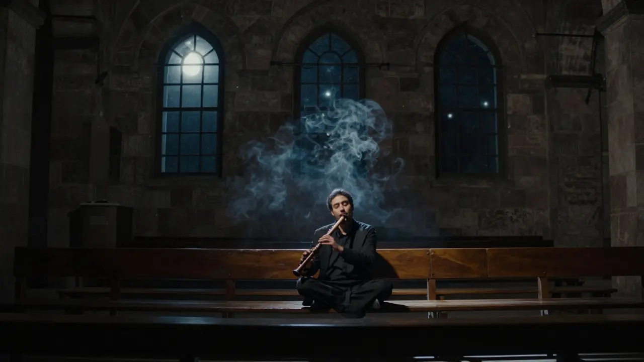 A solitary figure meditating to the haunting sound of a ney flute in an ancient stone music hall.
