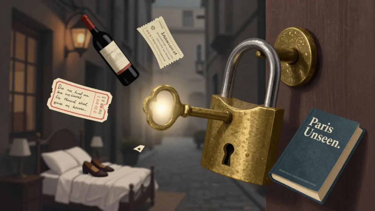 A symbolic key unlocking hidden Paris experiences—wine, books, and lantern-lit alleys.