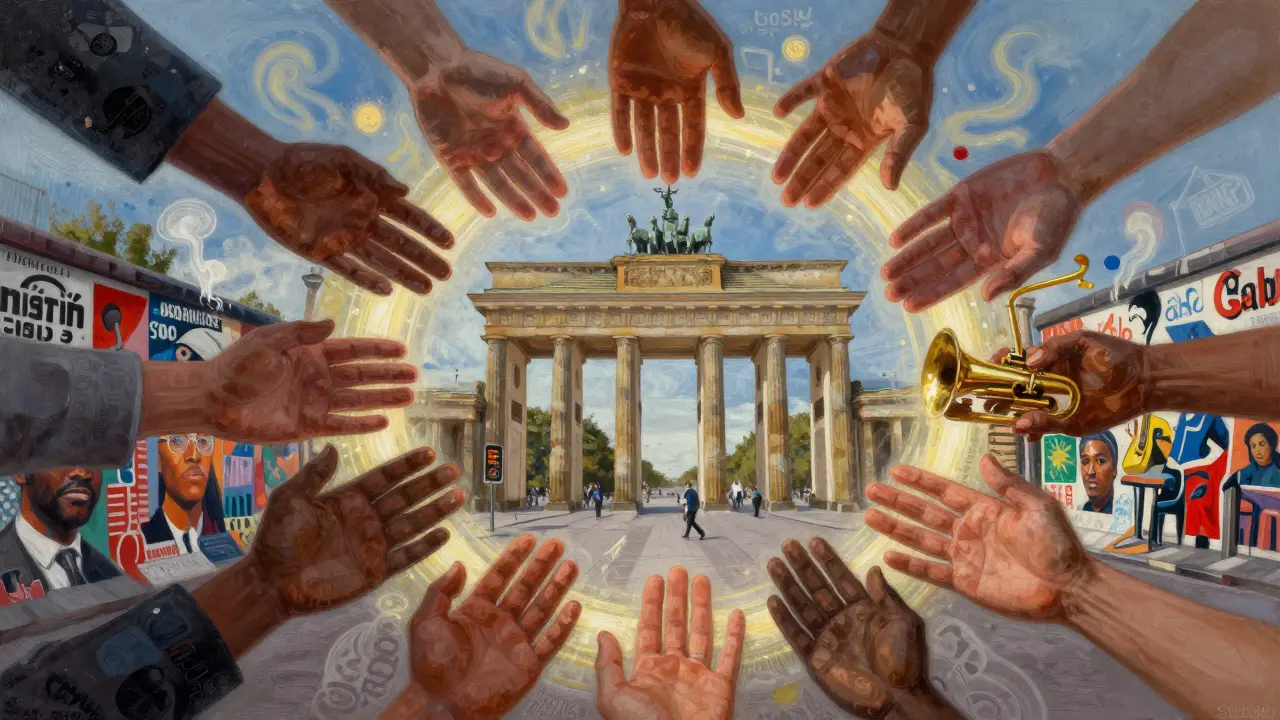 A symbolic mosaic of Berlin's culture and freedom, representing consent, diversity, and mutual respect.