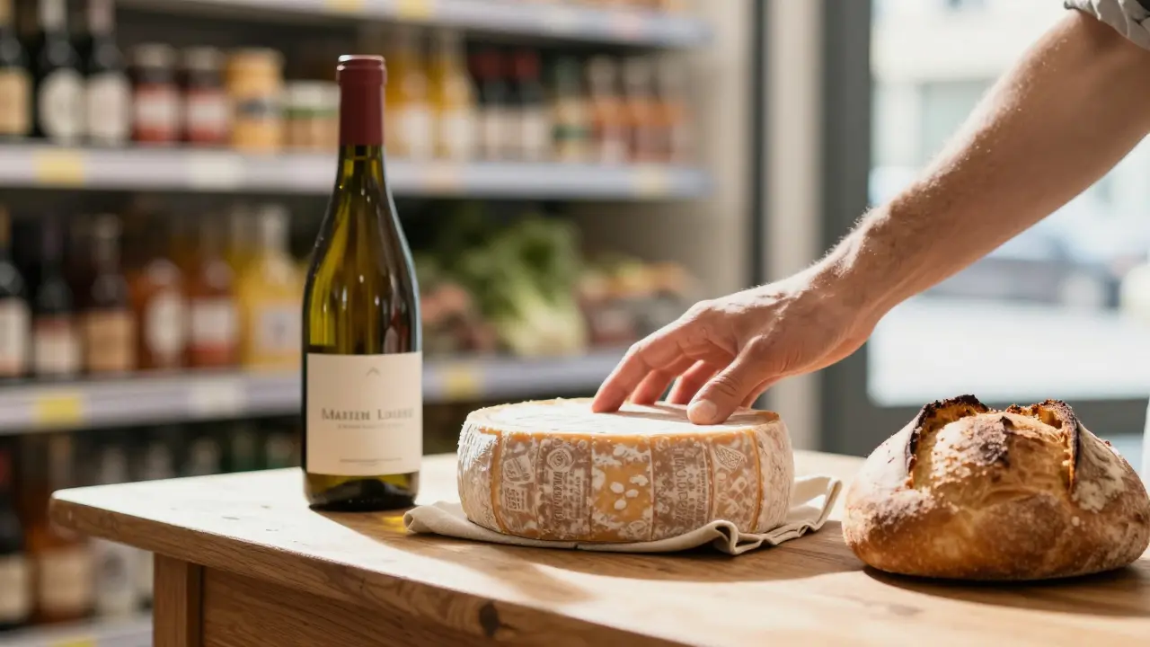 A wheel of Comté cheese, natural wine, and fresh sourdough on a wooden table.