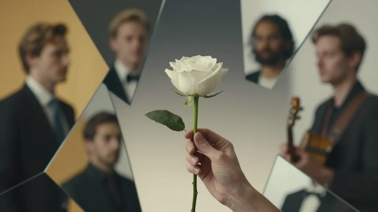 A white rose held in hand, surrounded by fragmented mirror reflections of diverse faces.