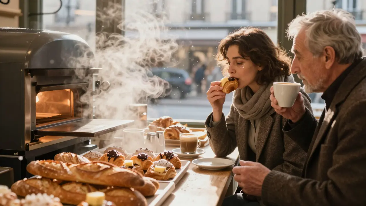 A woman eating pain au chocolat at dawn in a warm bakery as steam rises from fresh bread.