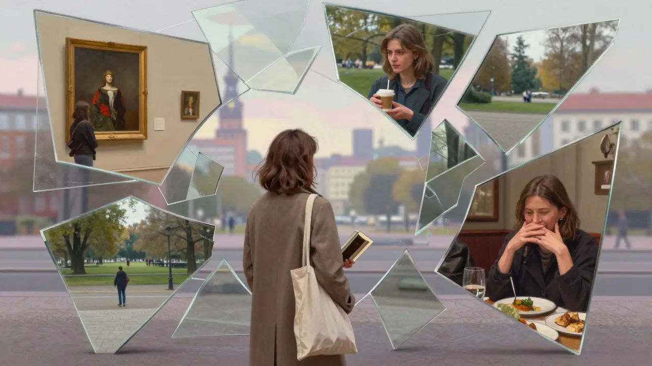 A woman stands before a fragmented mirror reflecting moments of connection across Berlin.